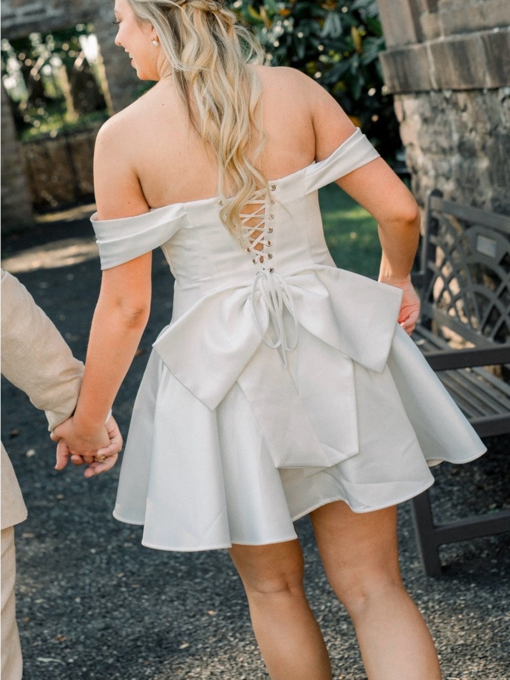 Lavish Alice Off-Shoulder White Mini Dress with Bow Back
